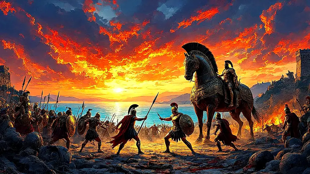 Epic Trojan War battle scene with Achilles and Hector.