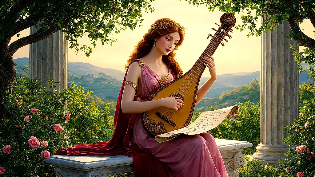 Erato, Muse of Love Poetry, playing her ornate cithara.