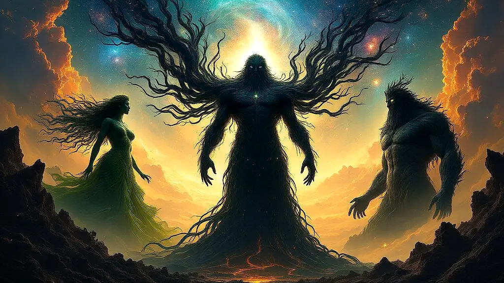 Erebus, Gaia, and Tartarus as primordial gods in cosmic void.
