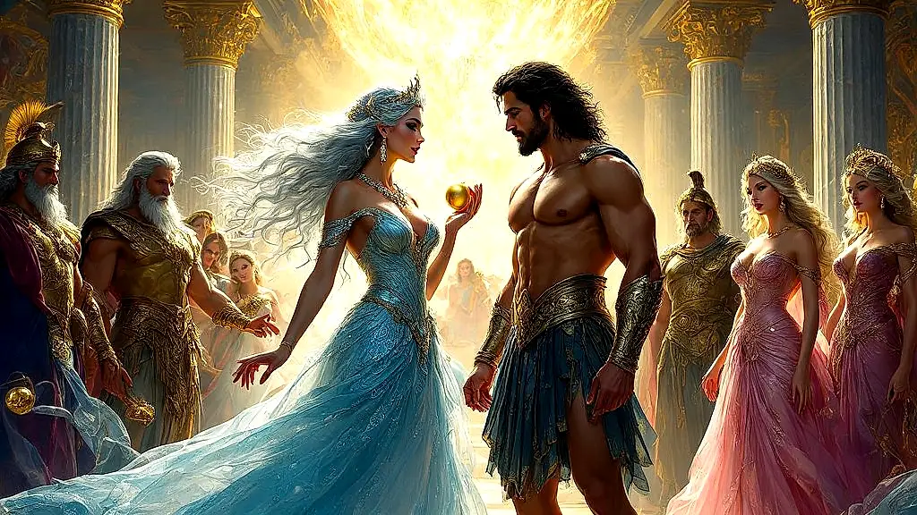 Eris disrupts Thetis and Peleus' wedding with golden apple.