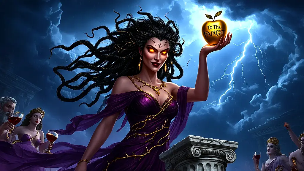 Eris, Greek goddess of discord, holding golden apple amid chaos.