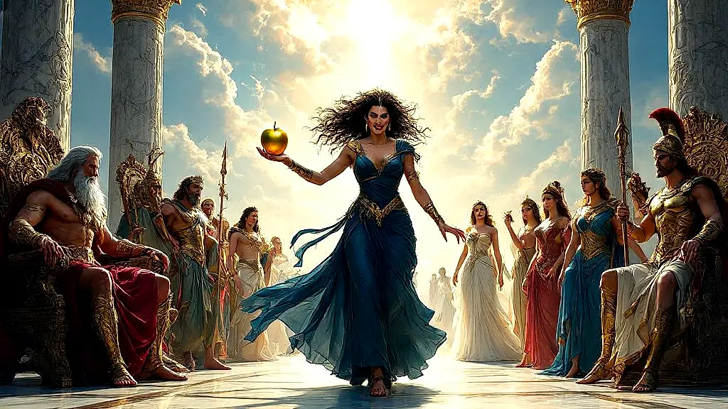 Eris throws golden apple at gods' wedding, causing chaos.