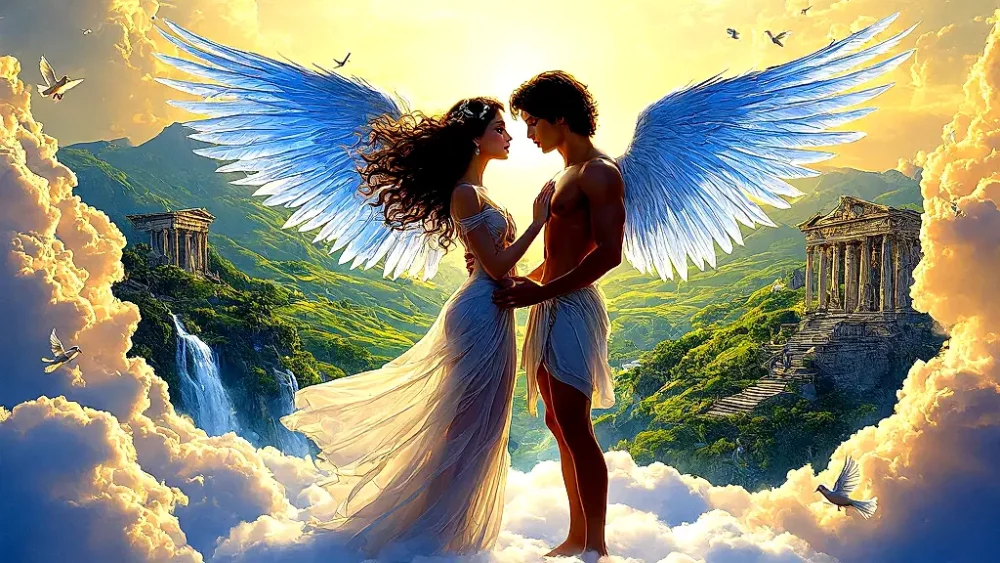 Eros and Psyche embrace in golden light, divine love.