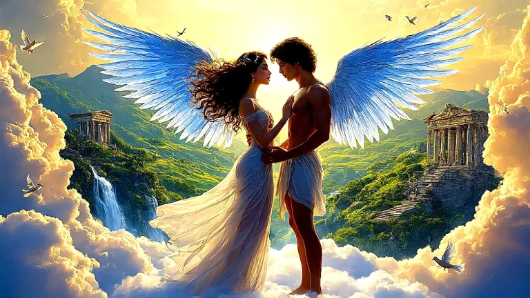 Eros and Psyche embrace in golden light, divine love.
