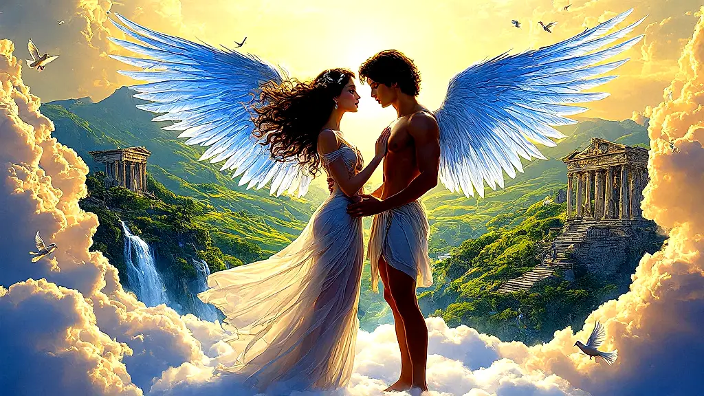Eros and Psyche embrace in golden light, divine love.