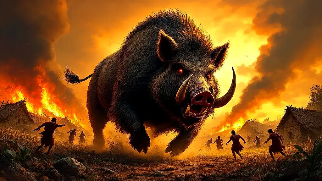 Erymanthian Boar destroys Arcadia in mythic rampage.