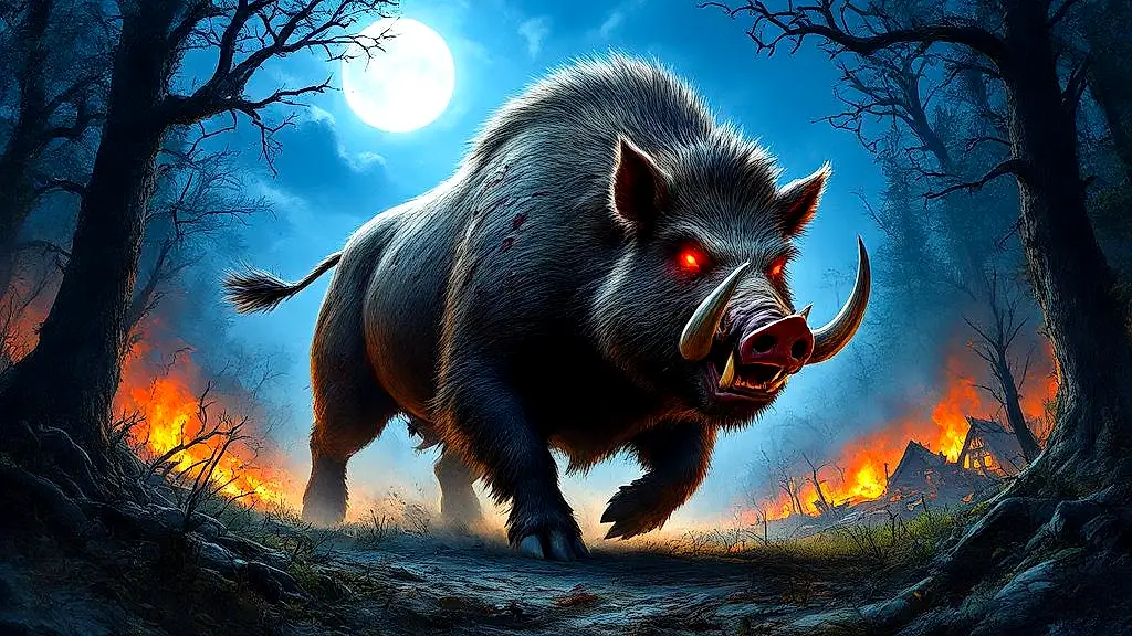 Erymanthian Boar rampaging through a moonlit forest.