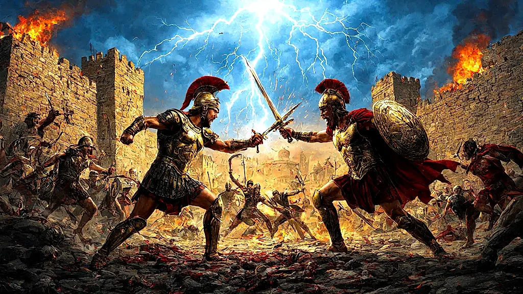 Eteocles and Polynices duel at Thebes' gates, gods' wrath looming.