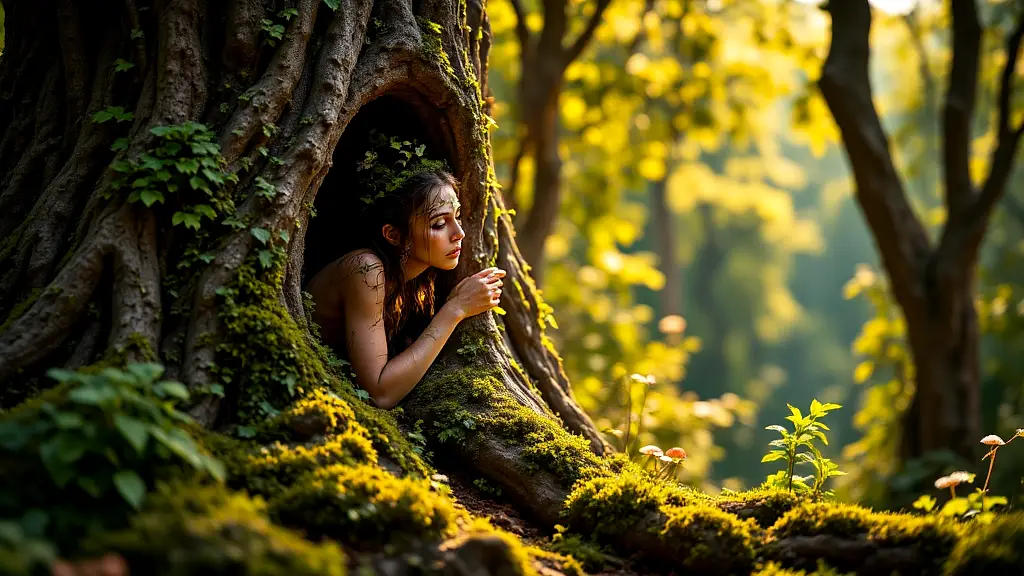 Ethereal dryad emerging from sacred laurel tree.
