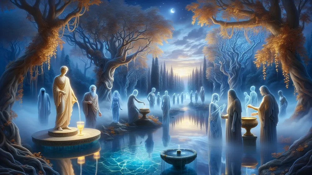 Ethereal River Lethe With Haunting Souls And Serene Mythological Atmosphere