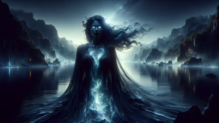 Ethereal Styx Goddess Merging With Her Dark Starry Black River Backdrop