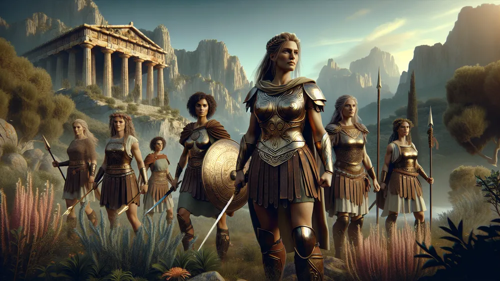 Fierce Amazon Warriors In Ancient Greek Armor With Spears And Swords