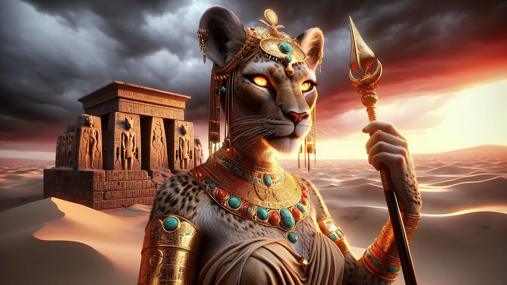 Fierce Egyptian Lioness Goddess In Desert Adorned With Golden Headdress And Jewelry
