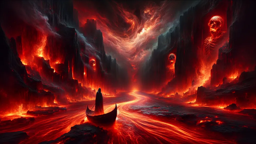 Fiery Underworld River Phlegethon With Charon Ferrying Amidst Flames And Smoke