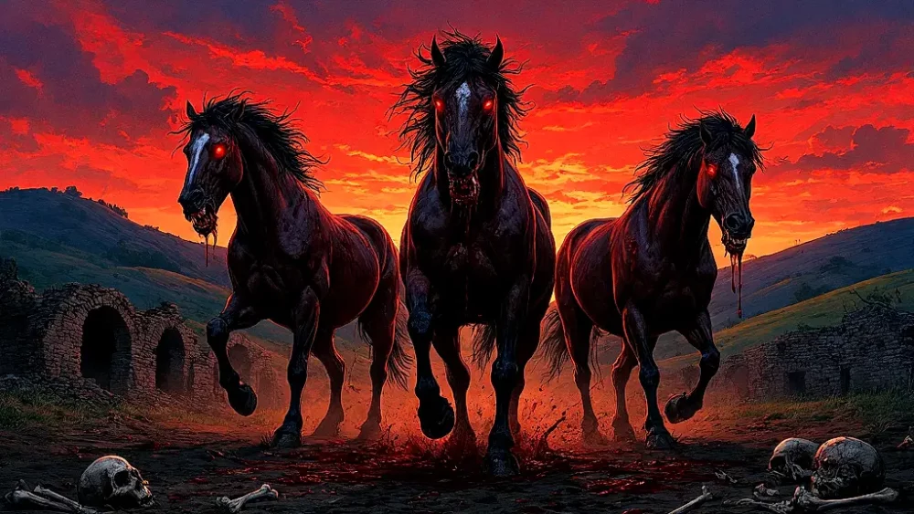 Flesh-eating horses of Diomedes in a blood-red dusk.
