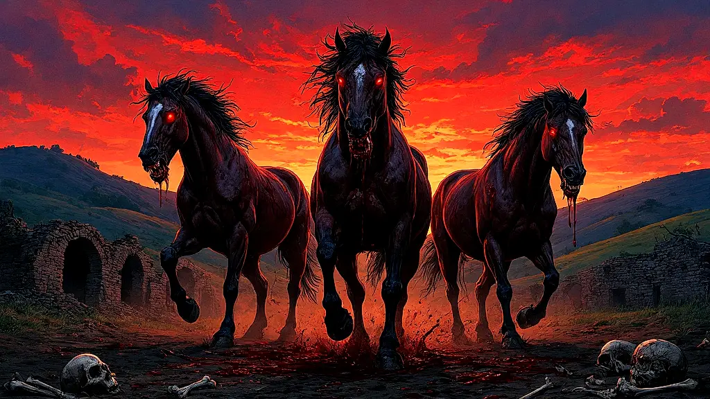 Flesh-eating horses of Diomedes in a blood-red dusk.