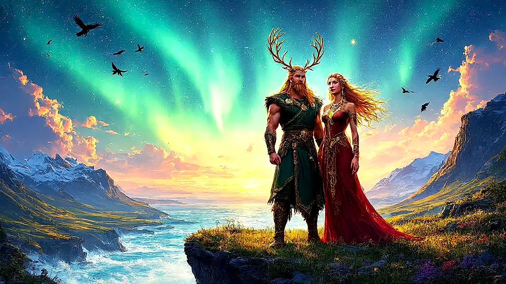 Freyr and Freyja, Norse twin gods, standing under aurora.