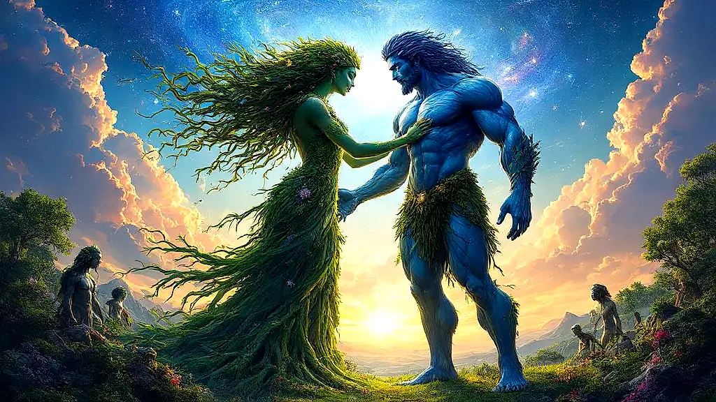Gaia and Uranus, the primordial cosmic couple, in divine conflict.