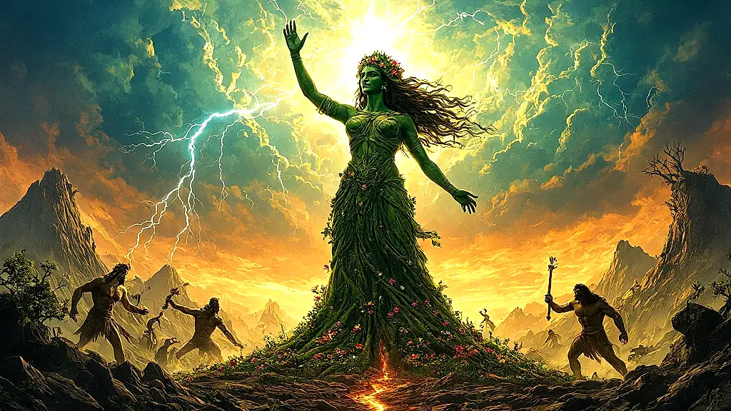 Gaia causing earthquakes during the Titanomachy, aiding Zeus.