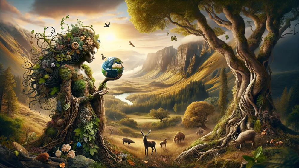 Gaia Greek Goddess Of Earth Cradles The Earth In A Lush Landscape