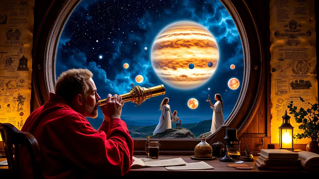 Galileo discovers Jupiter's mythic moons through his telescope.