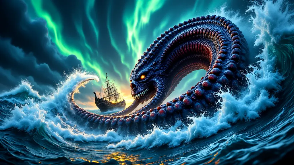 Giant Kraken attacking Viking ship in stormy sea.