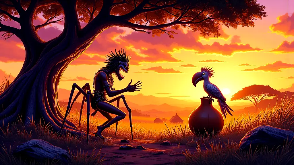 Gizo challenges the Wisdom Bird under a baobab tree.