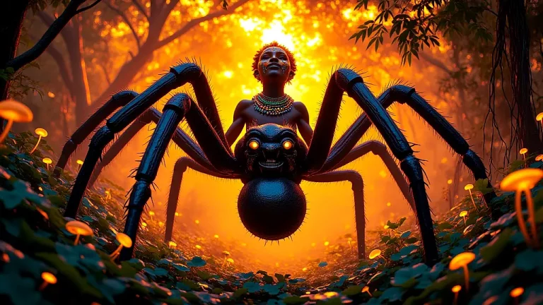 Gizo, the Hausa Spider Trickster, weaving webs in a mythical forest.