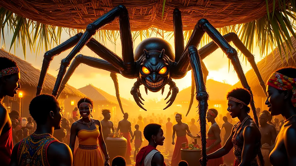 Gizo the spider god watches a vibrant harvest festival.