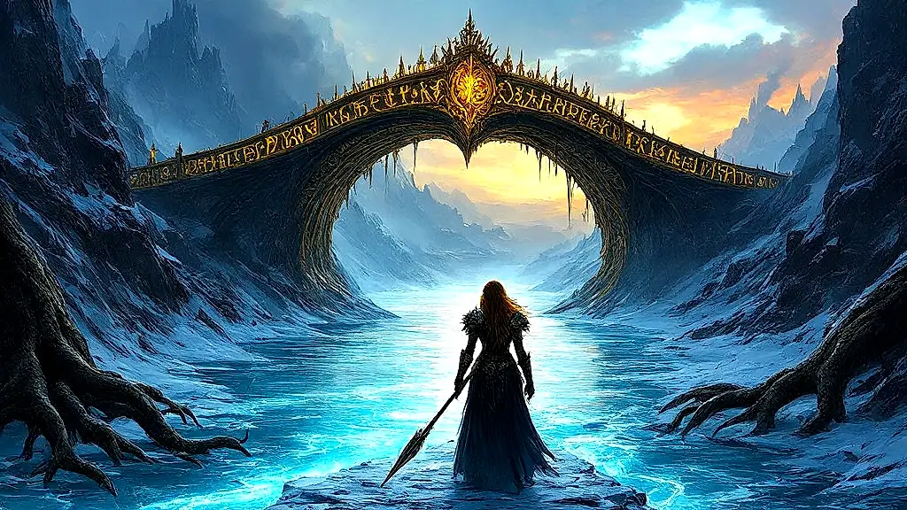 Gjöll river, golden bridge, Móðguðr guards Hel’s gate.