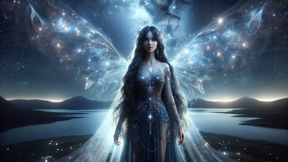 Goddess Asteria With Starry Gown Glowing Staff And Celestial Wings