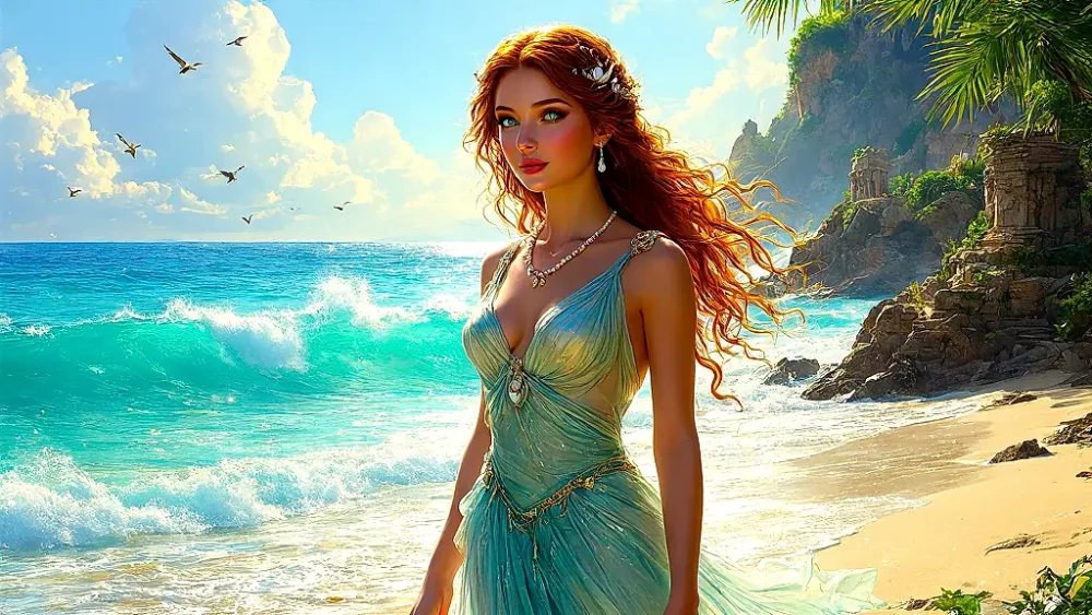 Goddess Calypso on Ogygia’s shores, radiant and mystical.