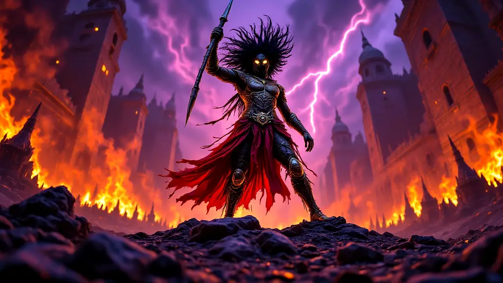 Goddess Enyo standing victorious on a ruined battlefield.