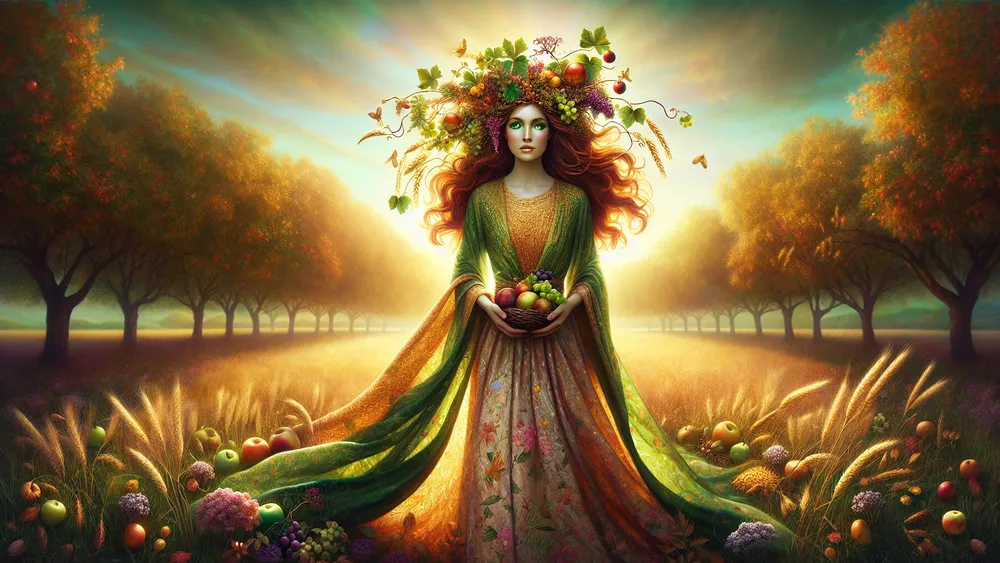 Goddess Karpo Surrounded By Fruits Lush Meadow And Golden Sunlight