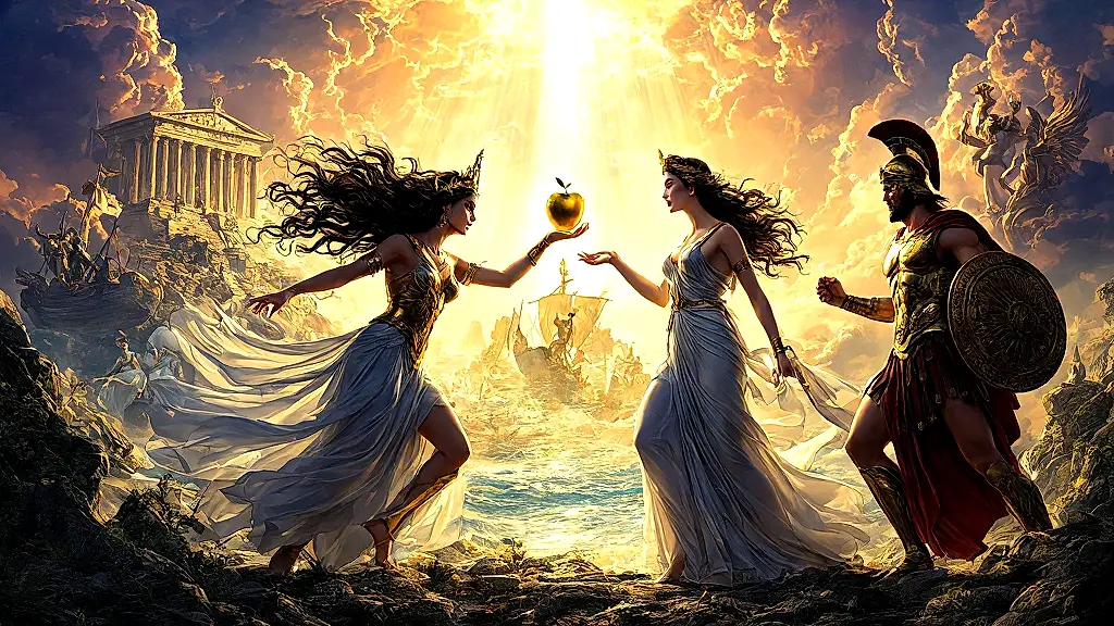 Goddesses directing myths with golden apple, war, and divine wrath.