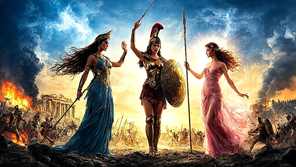 Goddesses Hera, Athena, Aphrodite influencing Trojan War.