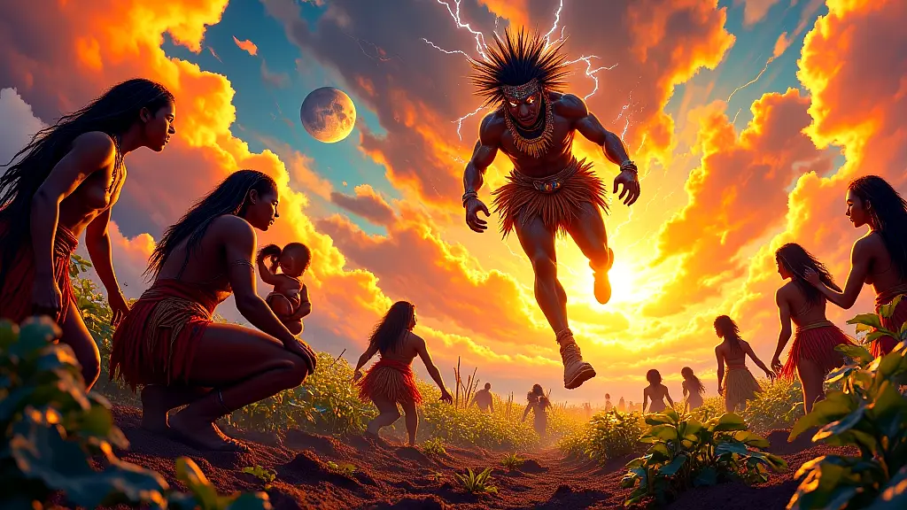 Gods abandon humans after rebellion in vibrant mythic scene.