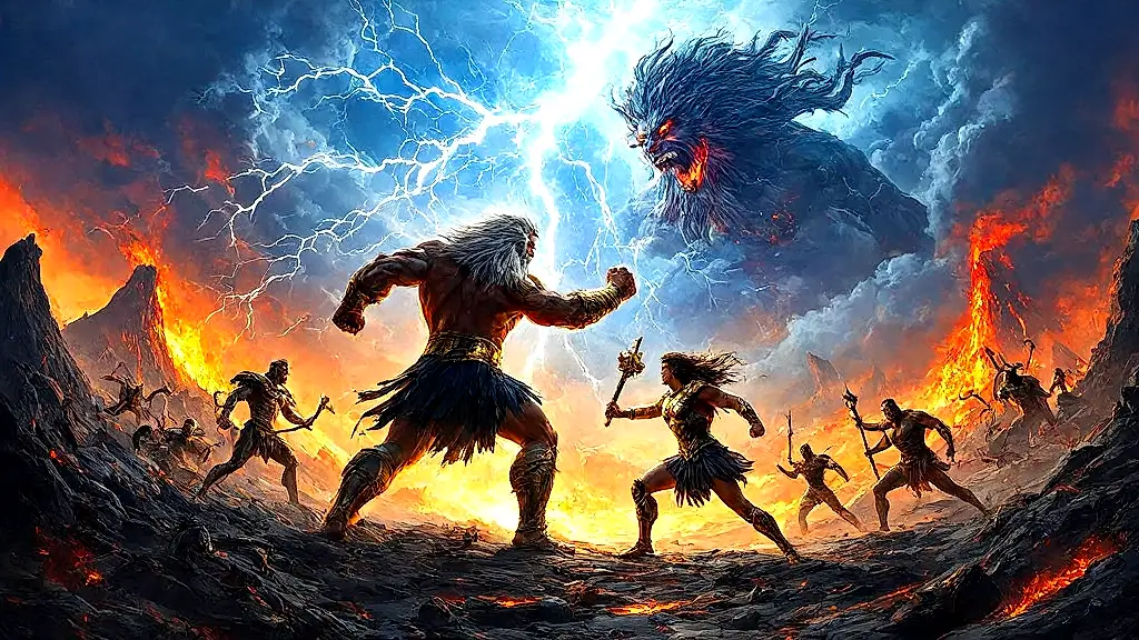Gods battle Gigantes in epic mythological clash.