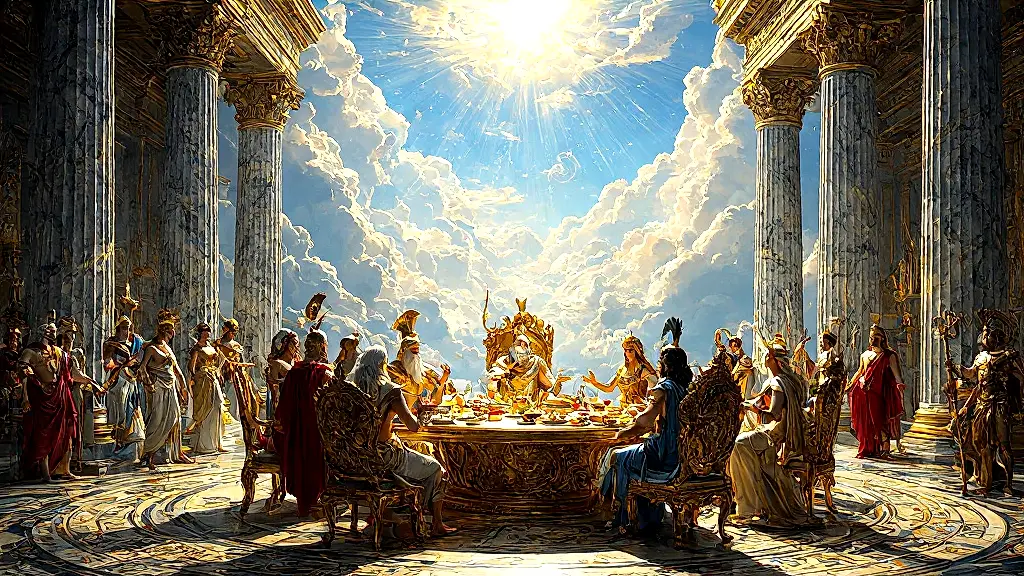 Gods feasting in Mount Olympus' golden dining hall.