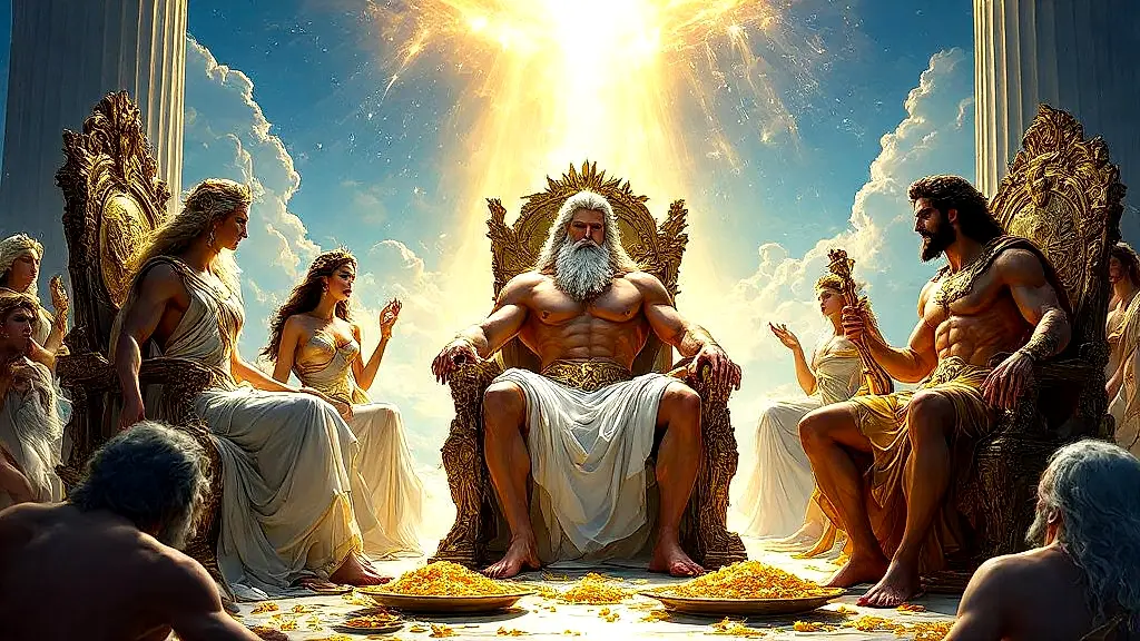 Gods feasting on ambrosia while mortals suffer below.