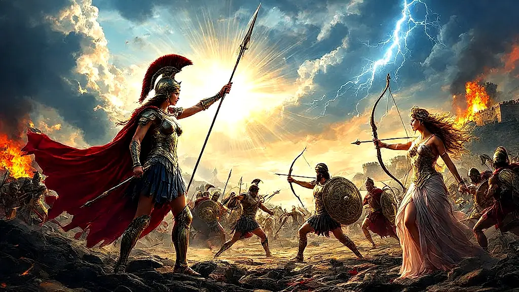 Gods intervening in the Trojan War battlefield.