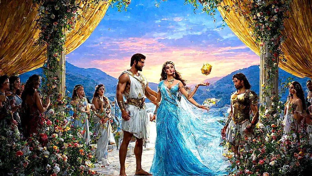 Golden apple discord at Peleus and Thetis' wedding.