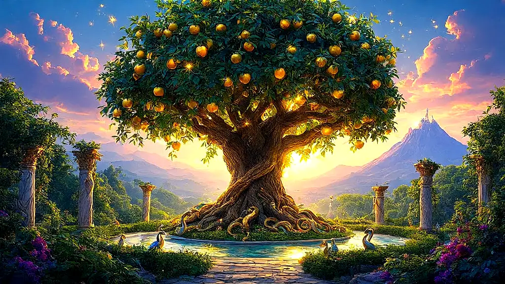 Golden apples of immortality guarded by Ladon in divine garden.