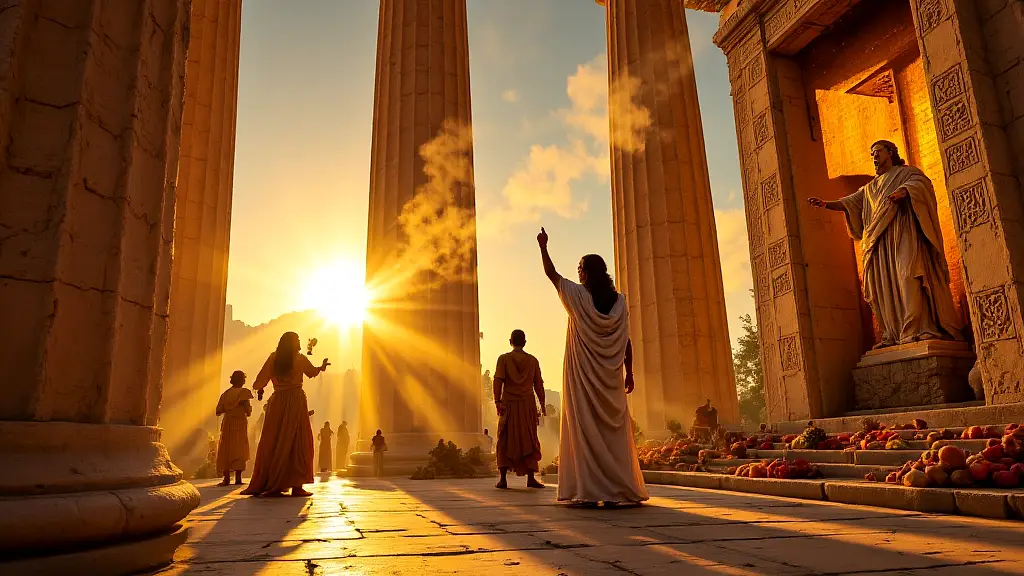 Golden Athena statue in Parthenon with priests and worshippers at sunset.
