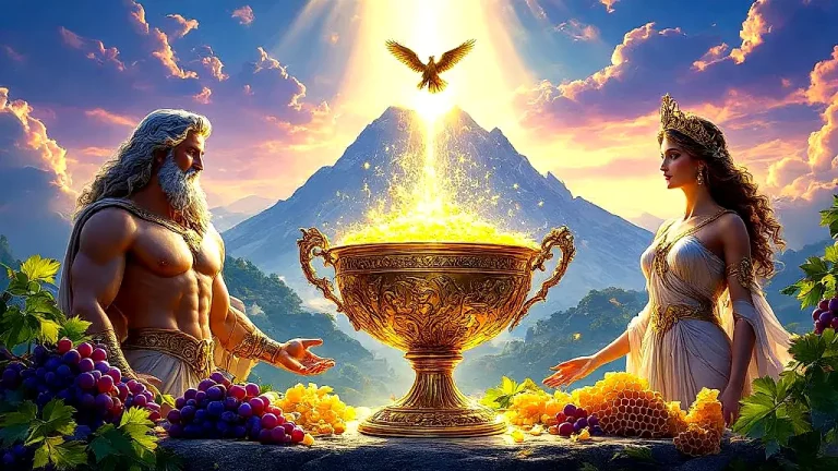 Golden chalice of Ambrosia with Zeus and Hera on Olympus.