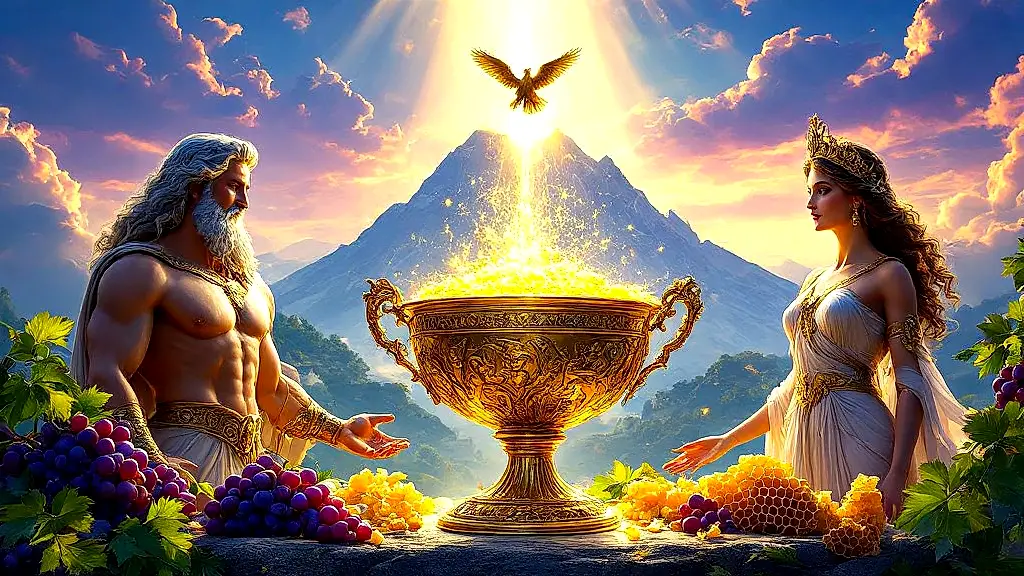 Golden chalice of Ambrosia with Zeus and Hera on Olympus.