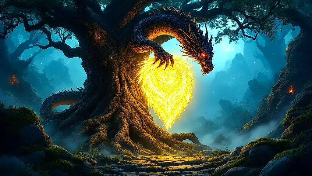 Golden Fleece guarded by dragon in mystical grove.