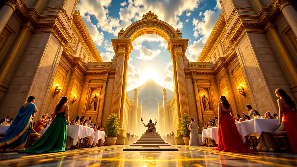 Golden gates of Mount Olympus guarded by Horae, gods feasting inside.
