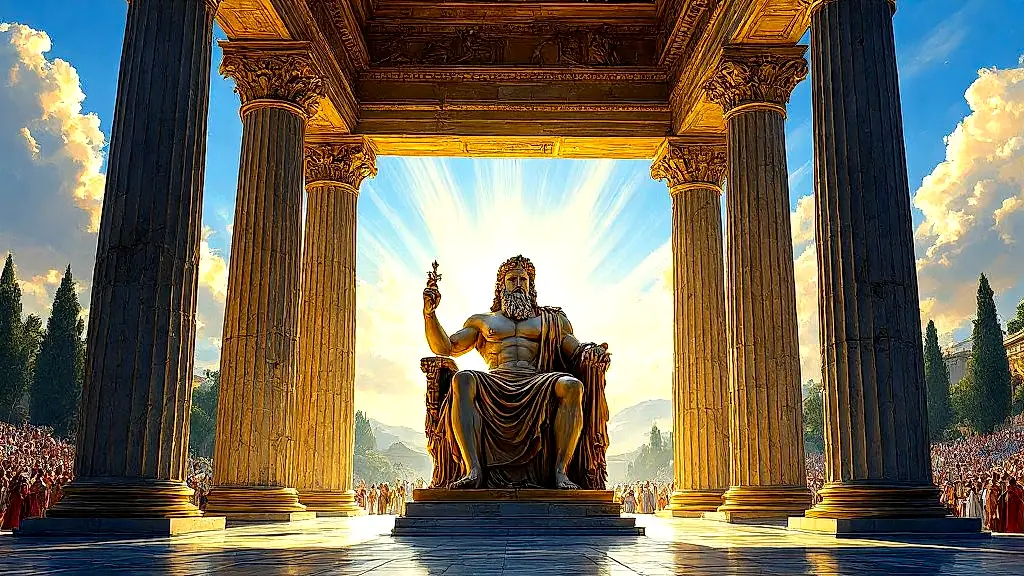 Golden statue of Zeus in Olympia’s grand temple, Doric columns, vibrant.