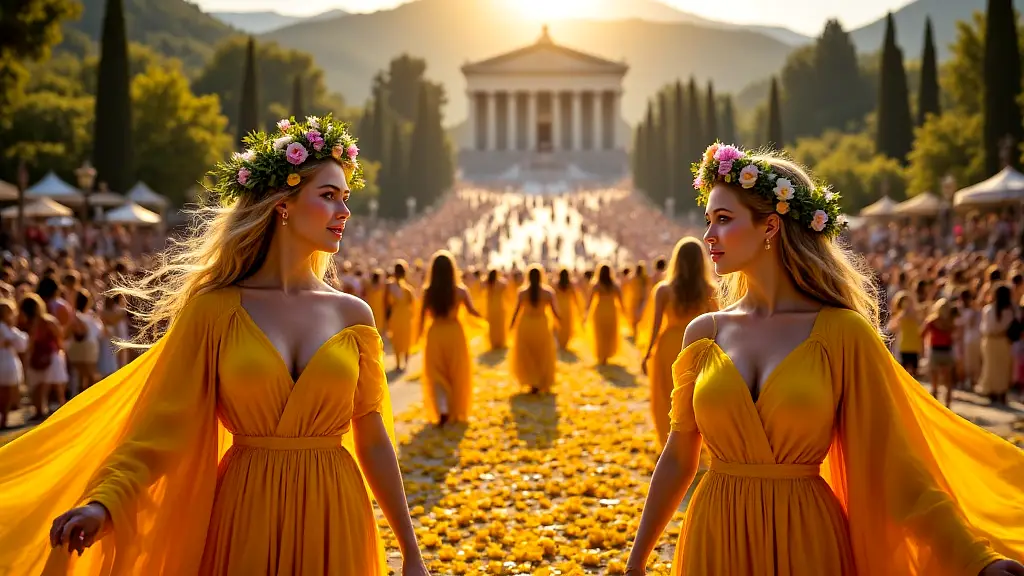 Graces festival with dancers, flowers, and saffron robes.